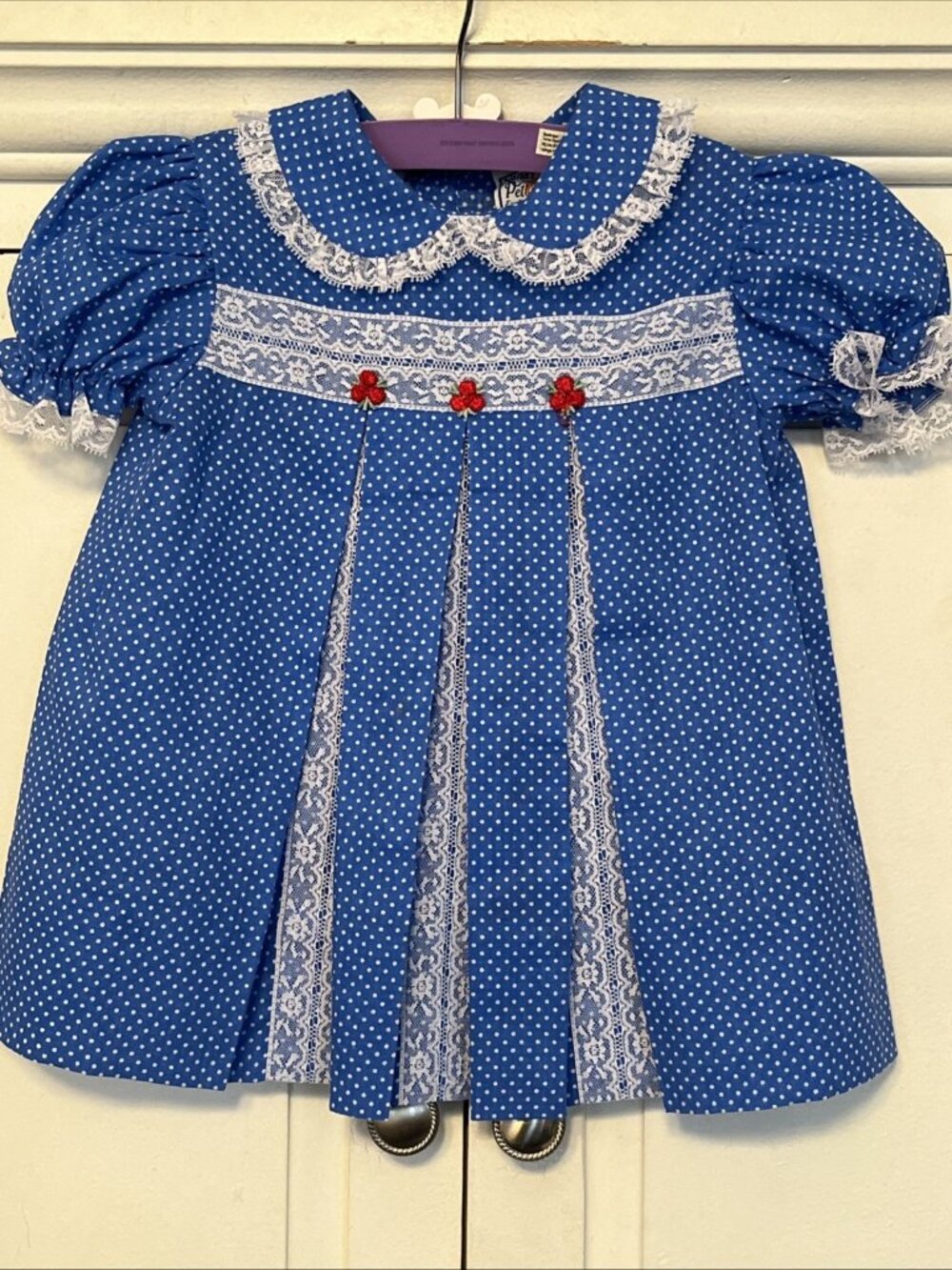 Vintage Baby Dress Nana's Pet JC Penny Blue Lace Pleat Short Sleeve 2T Polka Dot
